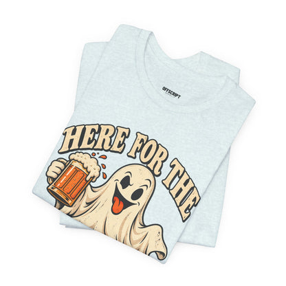 Here for the Boos Halloween T-Shirt — Ghost Drinking Beer Graphic Tee