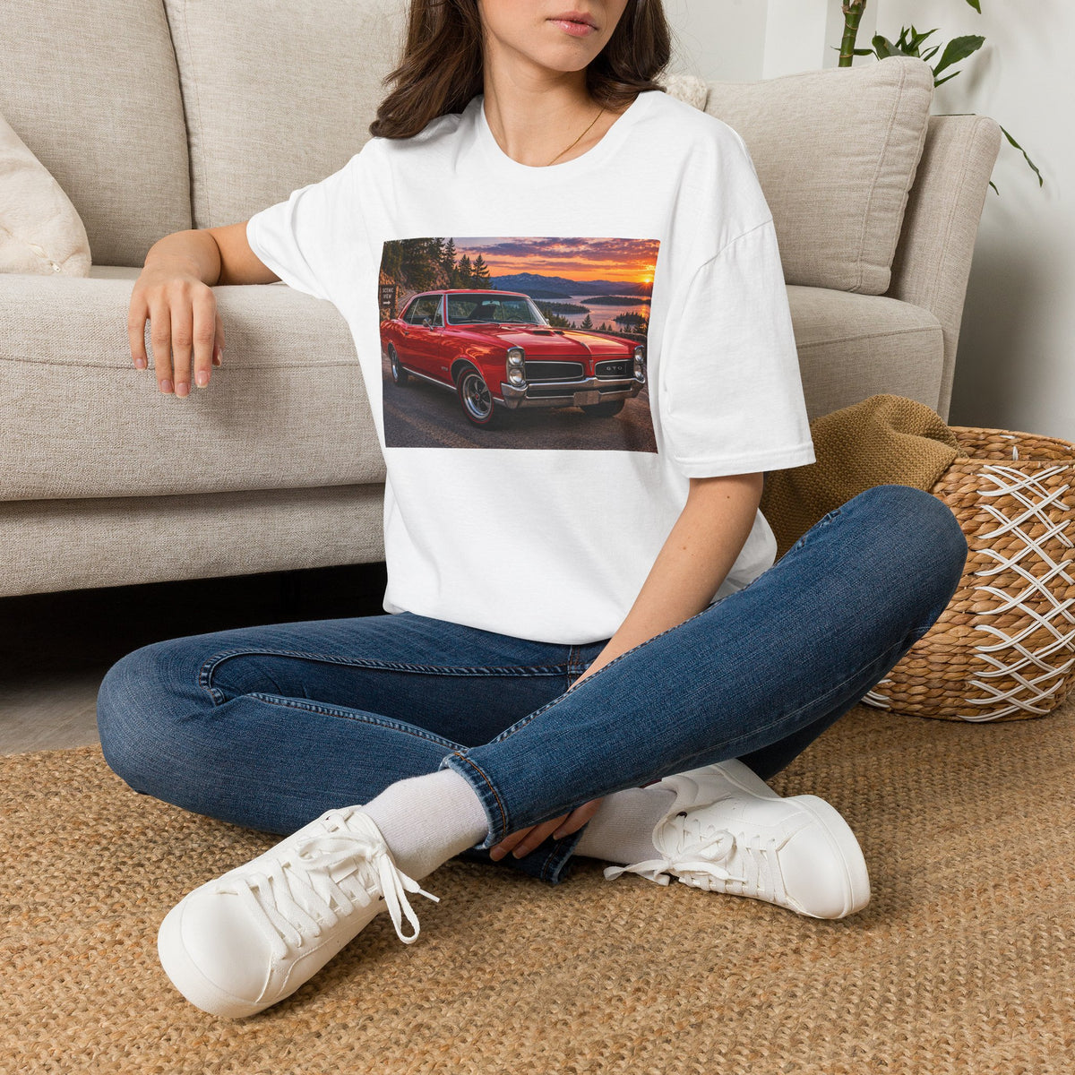 Classic Red Muscle Car T-Shirt — Vintage Pontiac Sunset Driving Tee