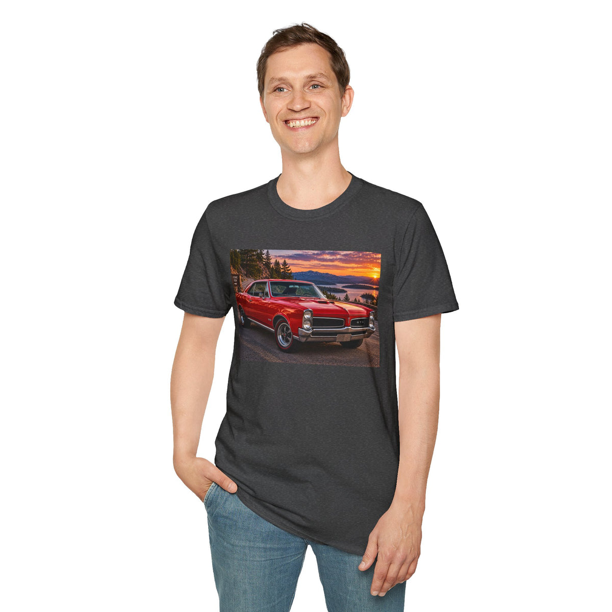 Classic Red Muscle Car T-Shirt — Vintage Pontiac Sunset Driving Tee