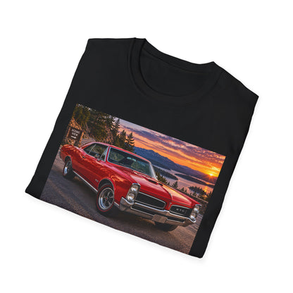 Classic Red Muscle Car T-Shirt — Vintage Pontiac Sunset Driving Tee