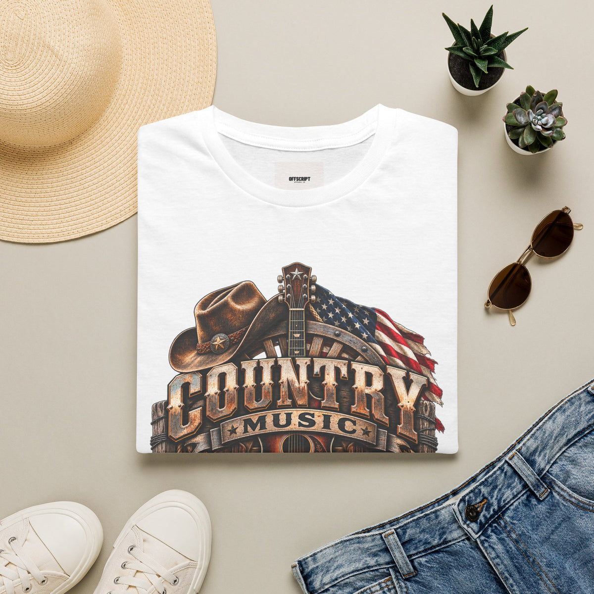 Country Music Graphic T‑Shirt — Western Guitar & Flag Design