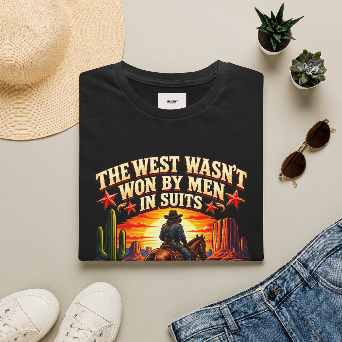 Western Graphic T-Shirt — “The West Wasn’t Won by Men in Suits” Cowboy Sunset Tee