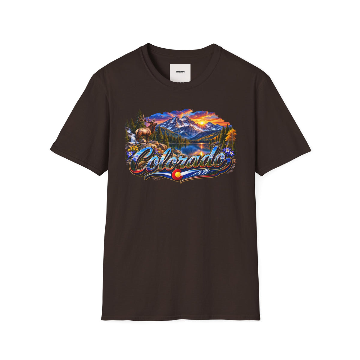 Colorado Scenic T‑Shirt — Mountain Sunset Landscape with Elk and State Script