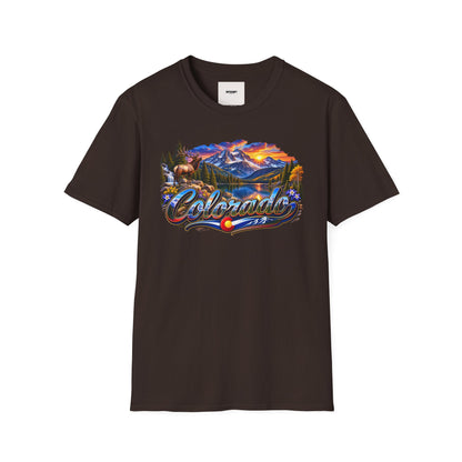 Colorado Scenic T‑Shirt — Mountain Sunset Landscape with Elk and State Script
