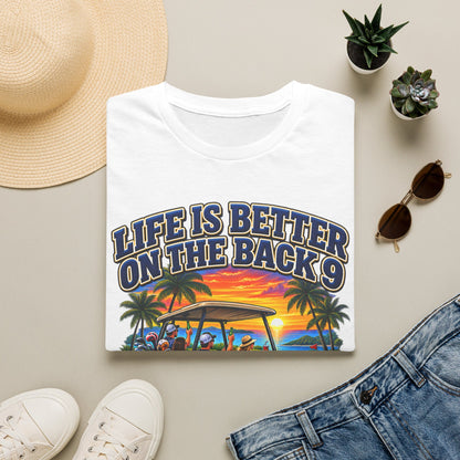 Golf T-Shirt — "Life Is Better on the Back 9" Sunset Golf Cart Design