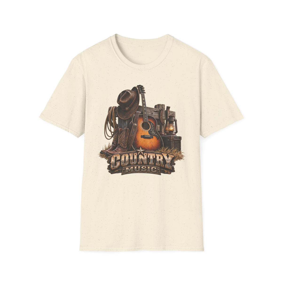 Country Music Guitar T-Shirt — Rustic Cowboy Hat & Lantern Graphic