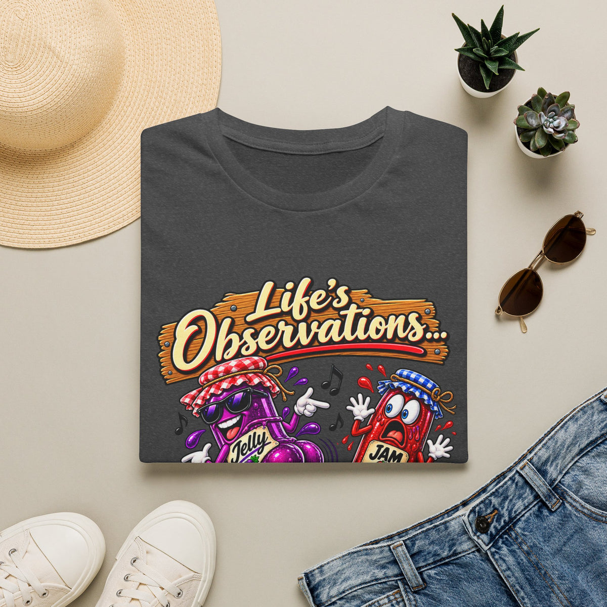 T-Shirt — "Life's Observations: I Must Be Jelly 'Cause Jam Don't Shake Like That" Retro Jar Cartoon Tee