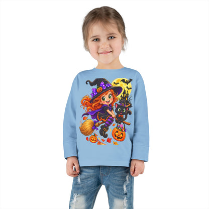 Toddler Halloween Witch Long Sleeve Tee — Cute Witch & Black Cat Pumpkin Design