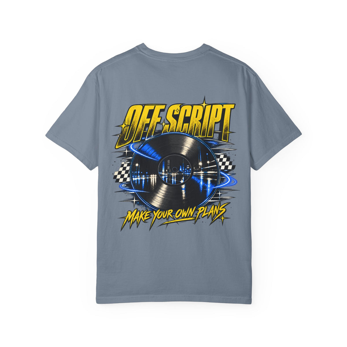 T-Shirt — Off Script Vinyl Graphic Tee: "Make Your Own Plans" Retro Racing Design