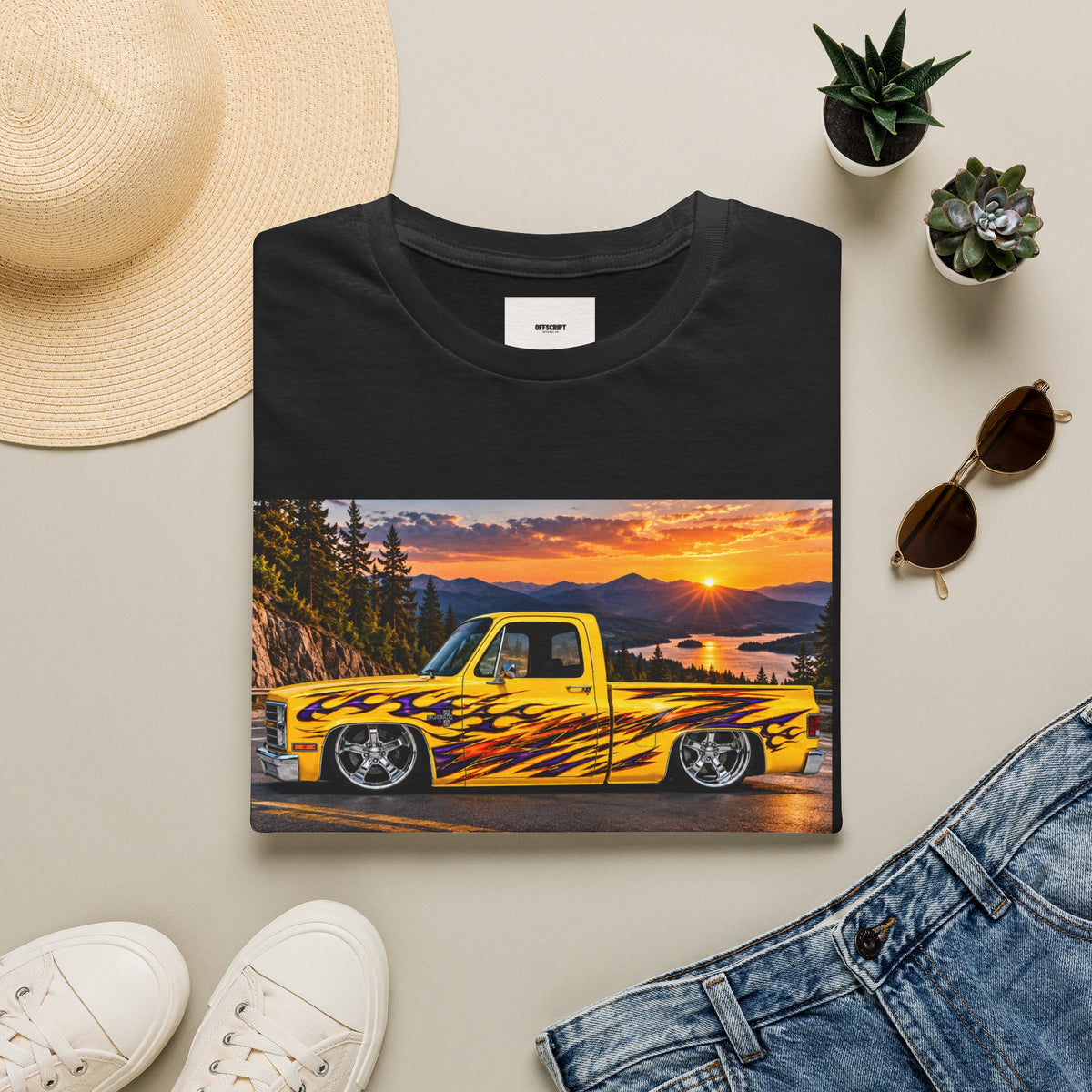 Yellow Flame Pickup T-Shirt — Sunset Classic Truck Graphic Tee