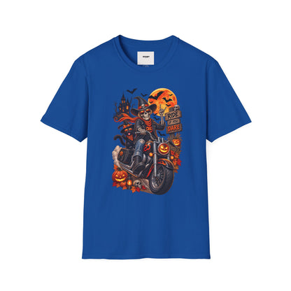 Halloween Biker Skeleton T-Shirt — "Ride If You Dare" Spooky Motorcycle Tee