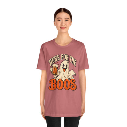 Here for the Boos Halloween T-Shirt — Ghost Drinking Beer Graphic Tee
