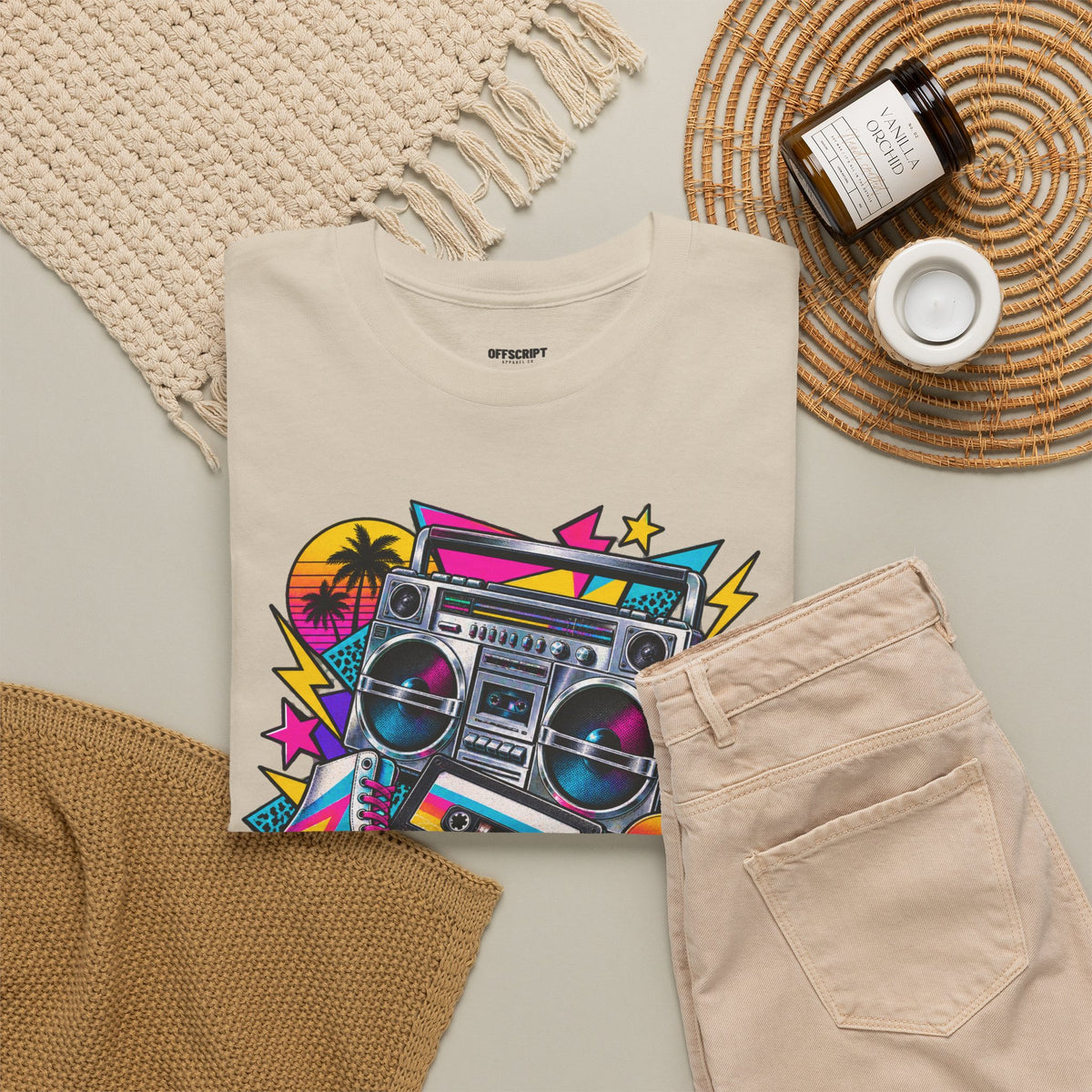 Retro Boombox Tee — 80s Neon Music Graphic T-Shirt