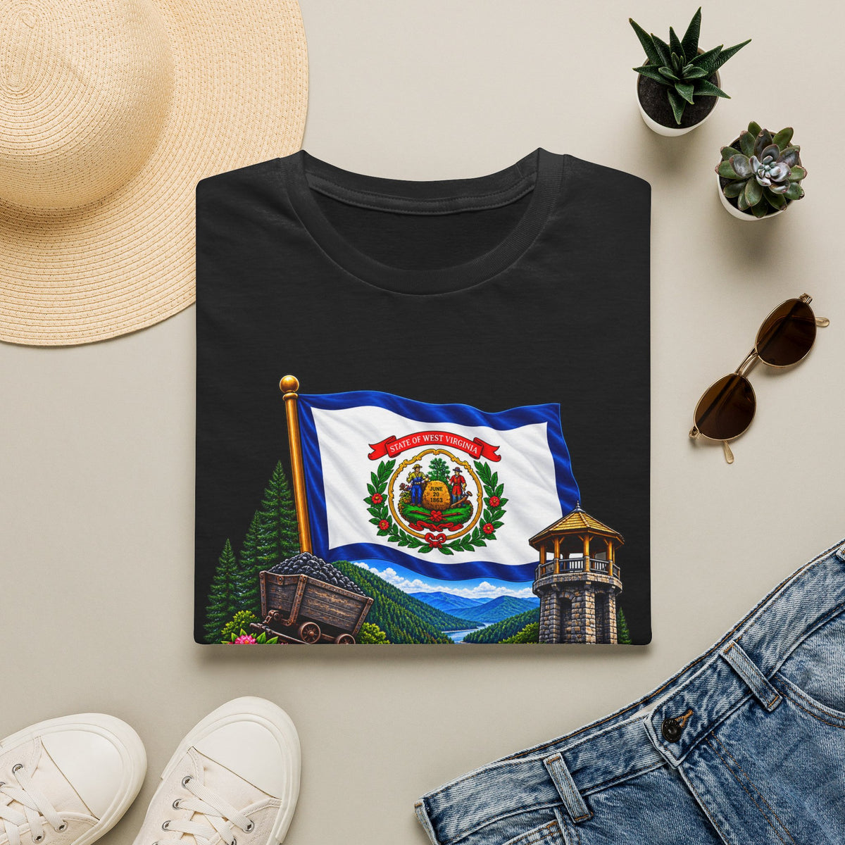 West Virginia Flag T-Shirt — State Pride Scenic Design ("Mountaineers Are Always Free")