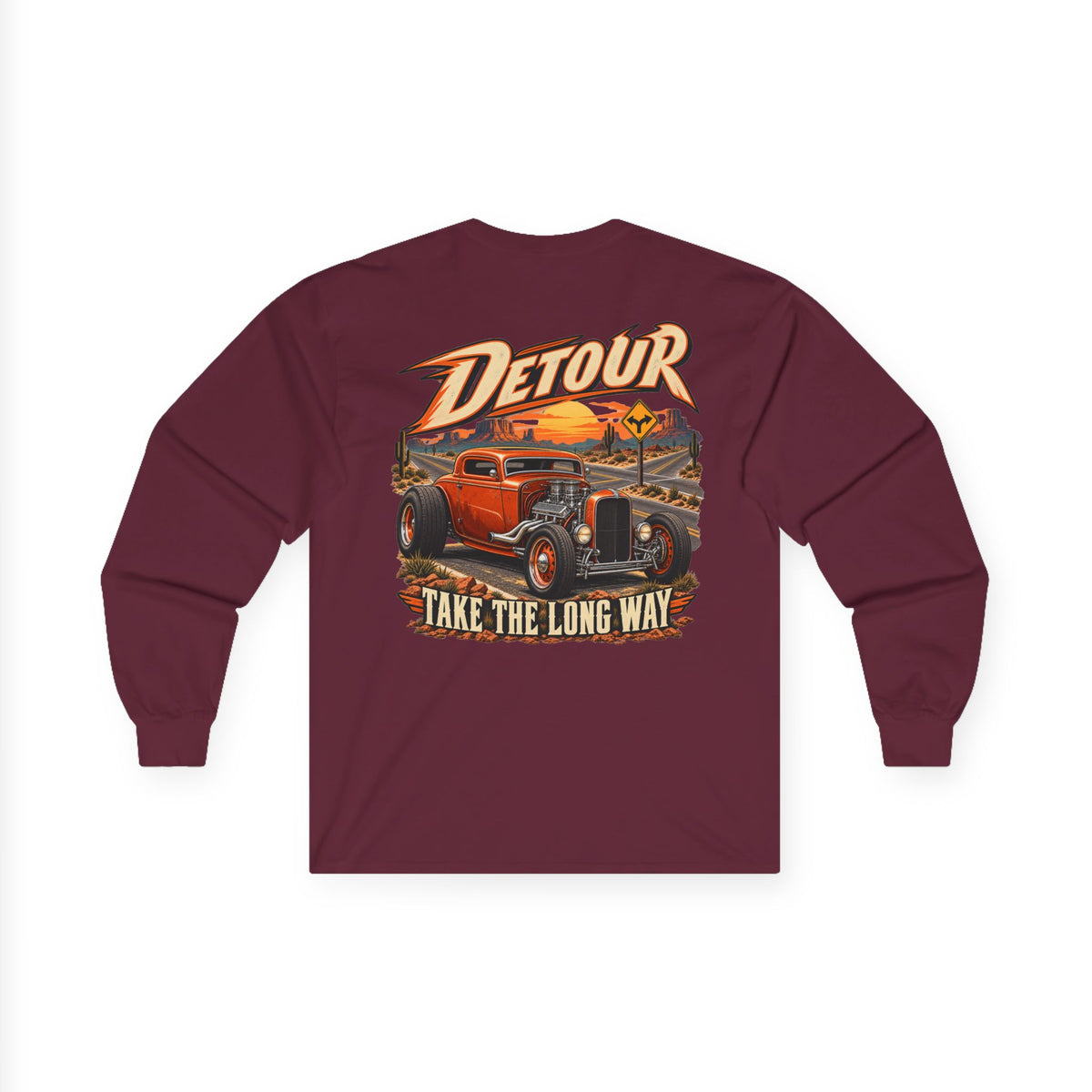 Detour Classic Car Long Sleeve Tee – 'Take The Long Way' Vintage Hot Rod Shirt