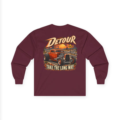 Detour Classic Car Long Sleeve Tee – 'Take The Long Way' Vintage Hot Rod Shirt