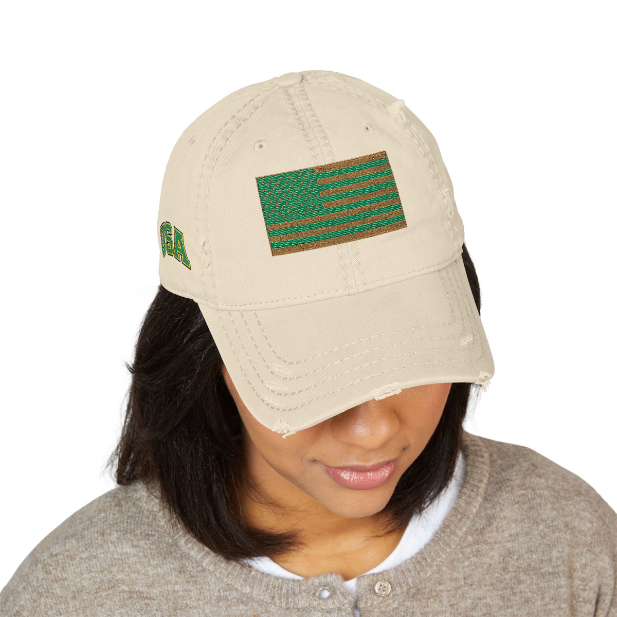 Embroidered Distressed Dad Hat — Green & Gold Flag Patch