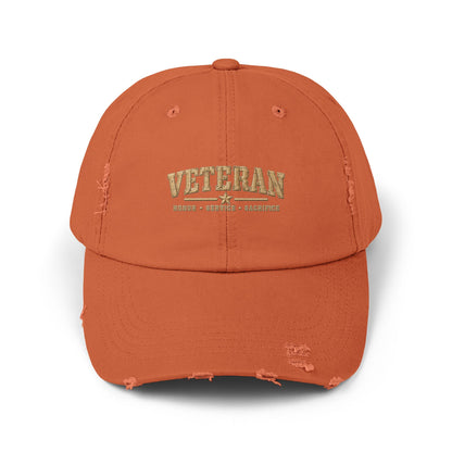 Veteran Distressed Cap — Honor Courage Sacrifice Embroidered Hat