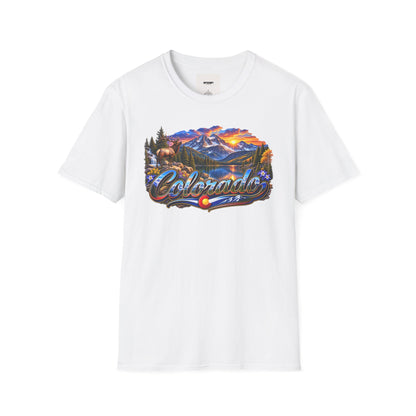 Colorado Scenic T‑Shirt — Mountain Sunset Landscape with Elk and State Script