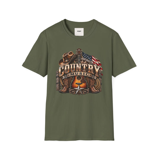 Country Music Graphic T‑Shirt — Western Guitar & Flag Design