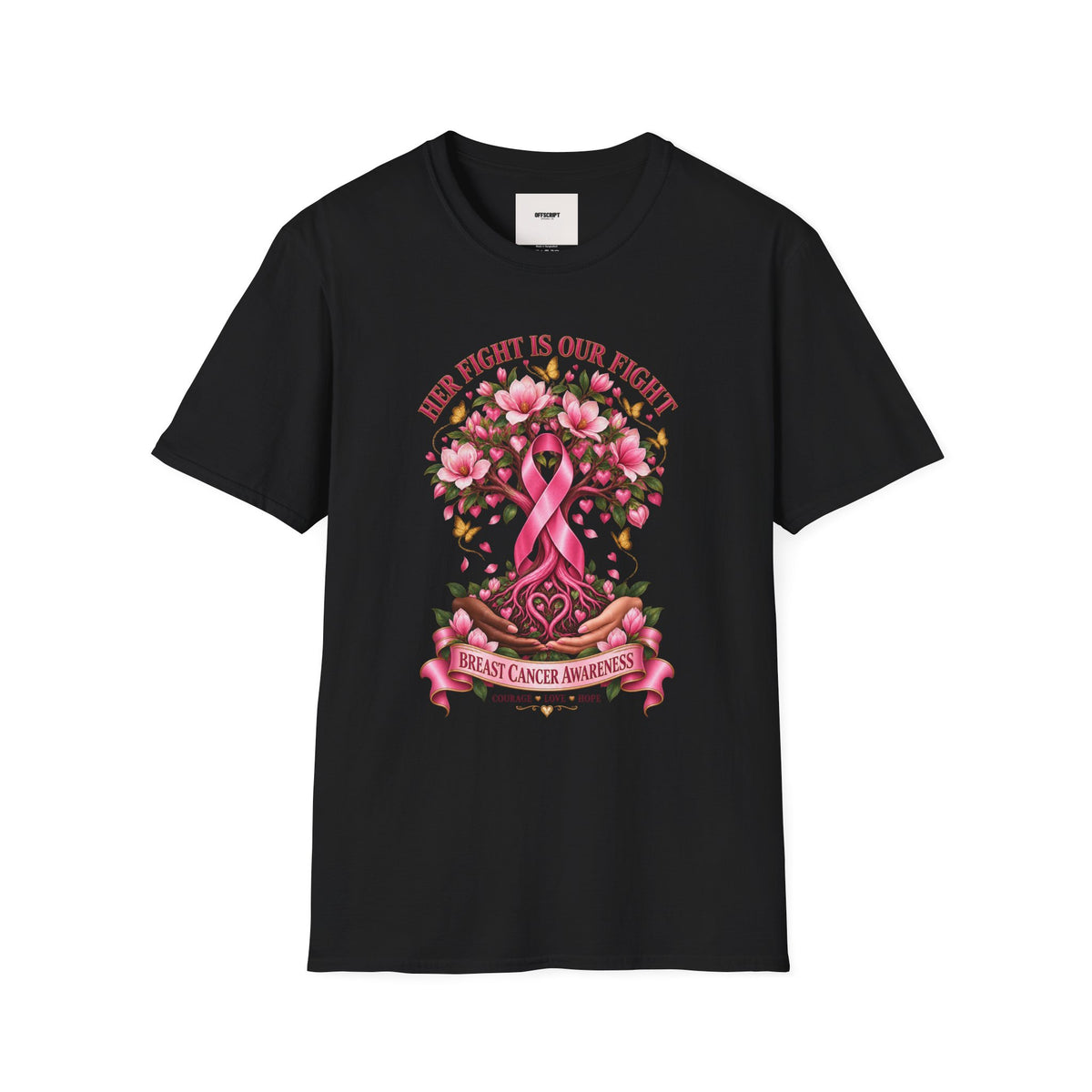 Breast Cancer Awareness T-Shirt – “Her Fight Is Our Fight” Pink Ribbon Floral Tee