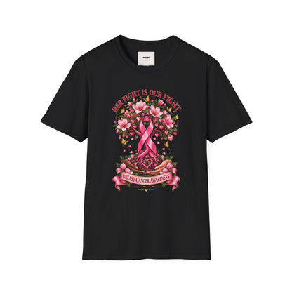 Breast Cancer Awareness T-Shirt – “Her Fight Is Our Fight” Pink Ribbon Floral Tee