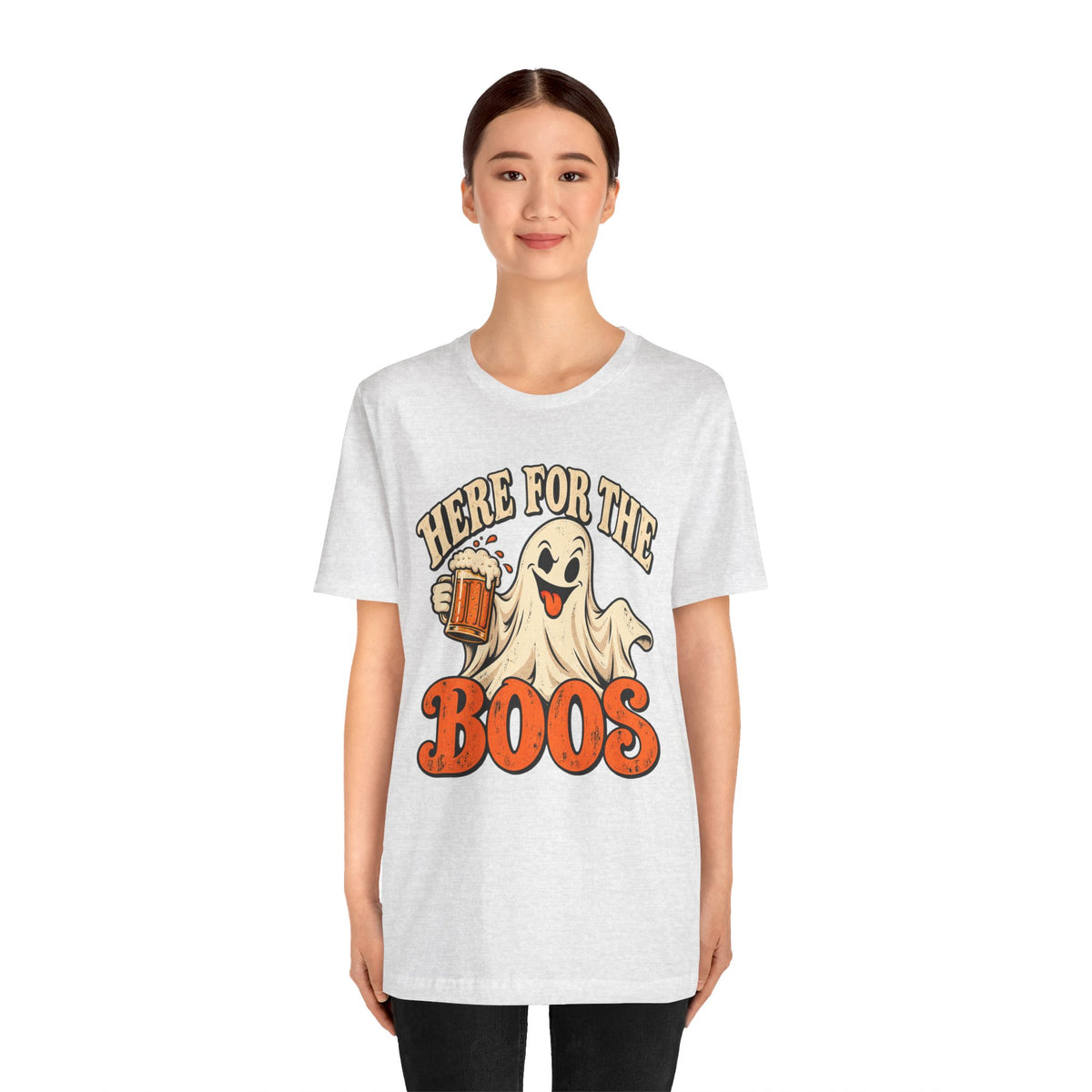 Here for the Boos Halloween T-Shirt — Ghost Drinking Beer Graphic Tee