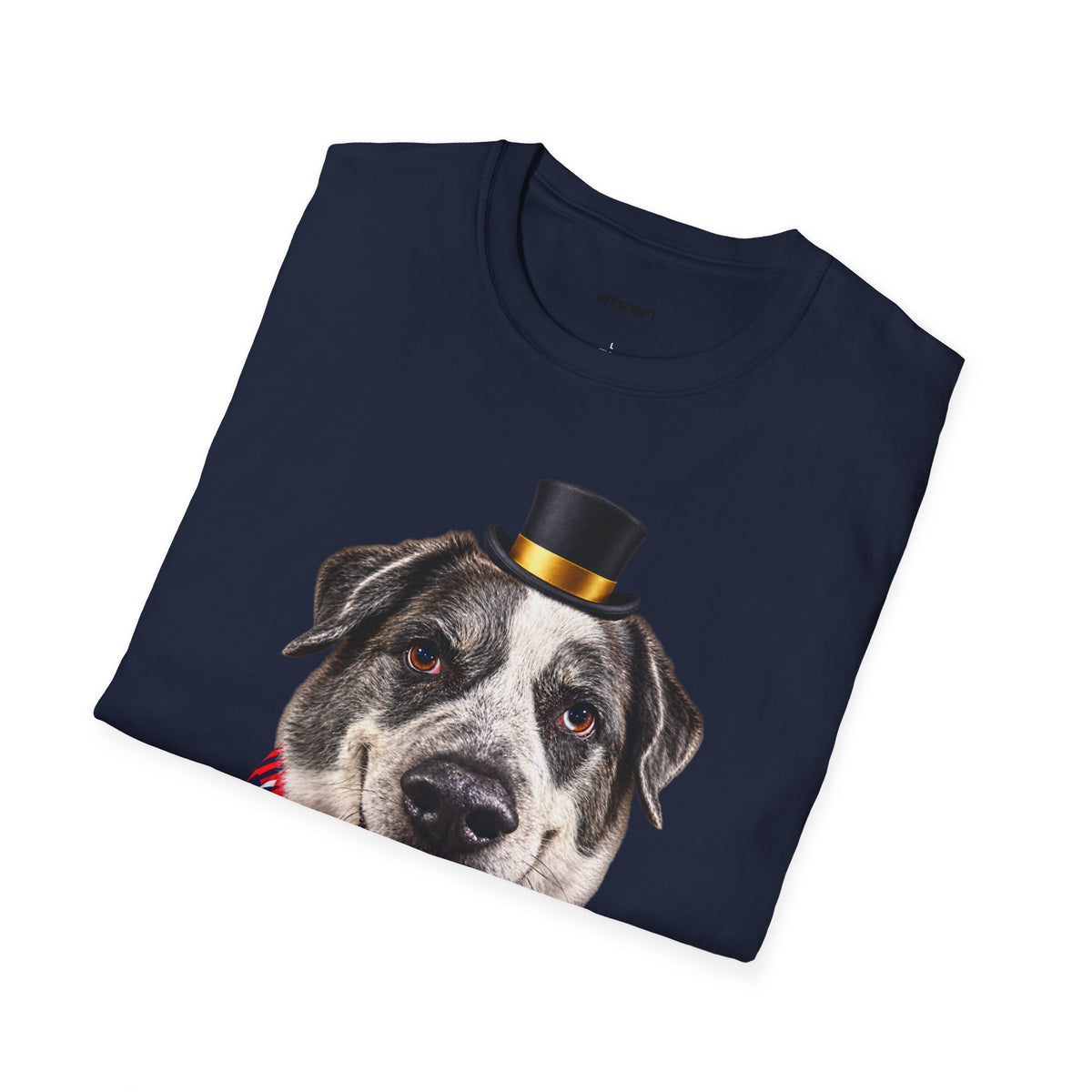 Patriotic Pup Tee — Dog with Top Hat & American Flag Bandana