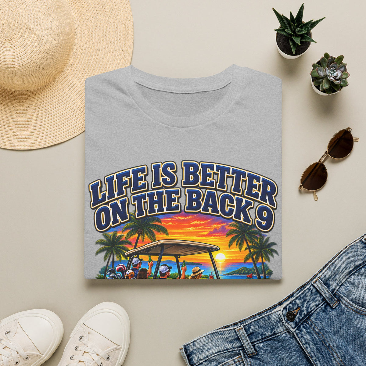 Golf T-Shirt — "Life Is Better on the Back 9" Sunset Golf Cart Design