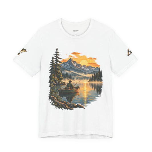 Sunset Lake Fishing T-Shirt — Mountain Boat Fishing Graphic Tee