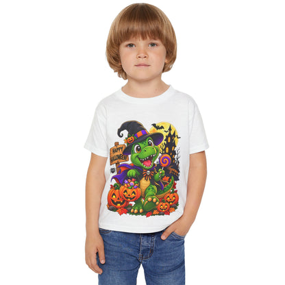 Toddler Halloween Dino T‑Shirt – Cute Witch Dino with Pumpkins & "Happy Halloween" Design