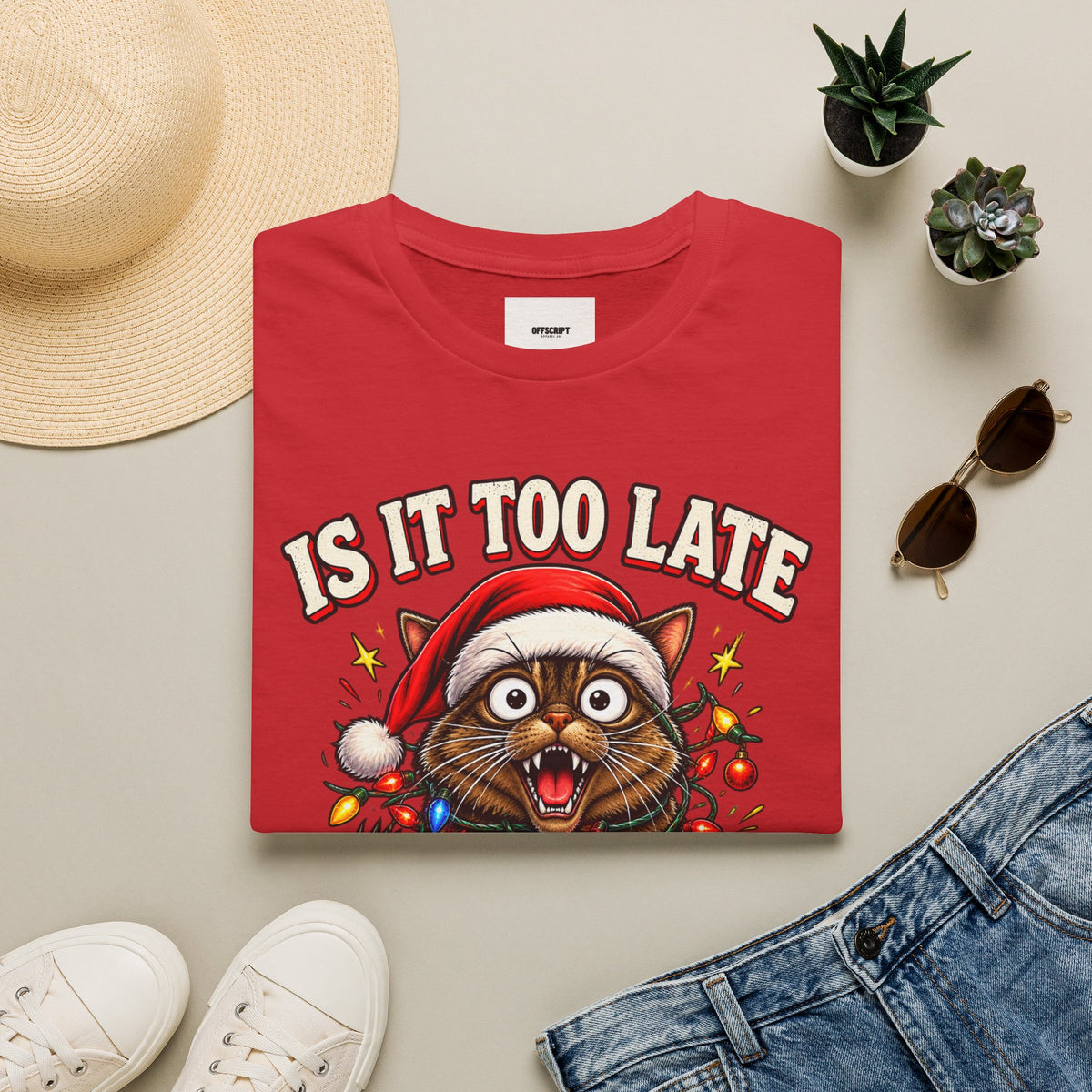T-Shirt — “Is It Too Late to Be Good?” Christmas Cat Graphic Tee