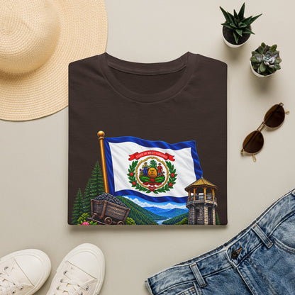 West Virginia Flag T-Shirt — State Pride Scenic Design ("Mountaineers Are Always Free")