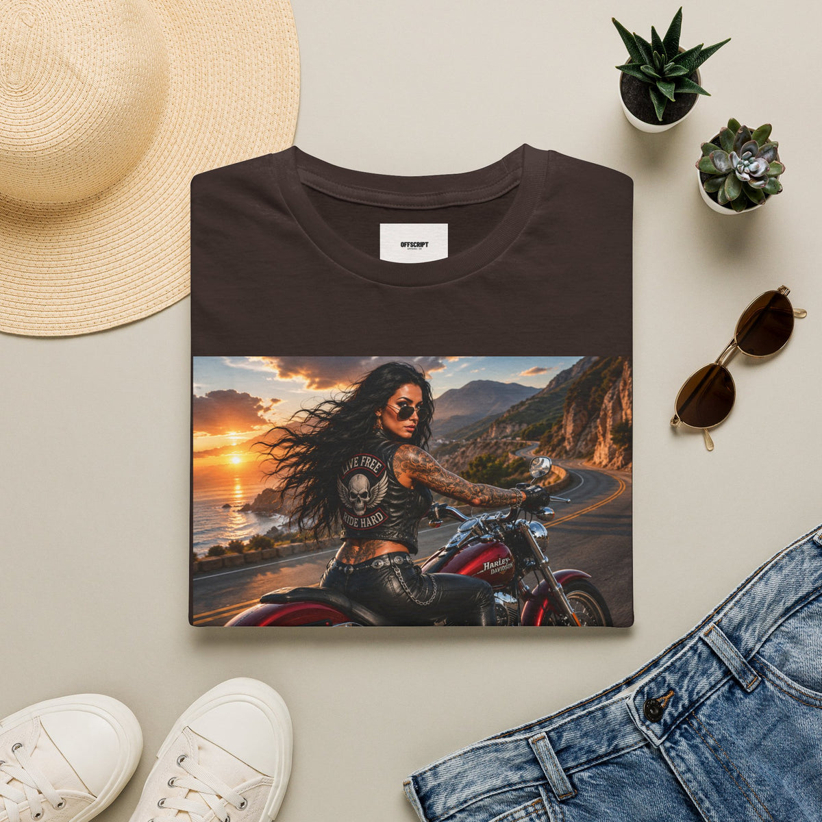 Biker Girl Sunset T-Shirt — Motorcycle Rider Graphic Tee