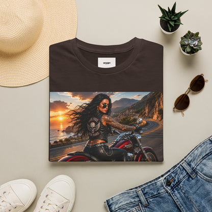 Biker Girl Sunset T-Shirt — Motorcycle Rider Graphic Tee