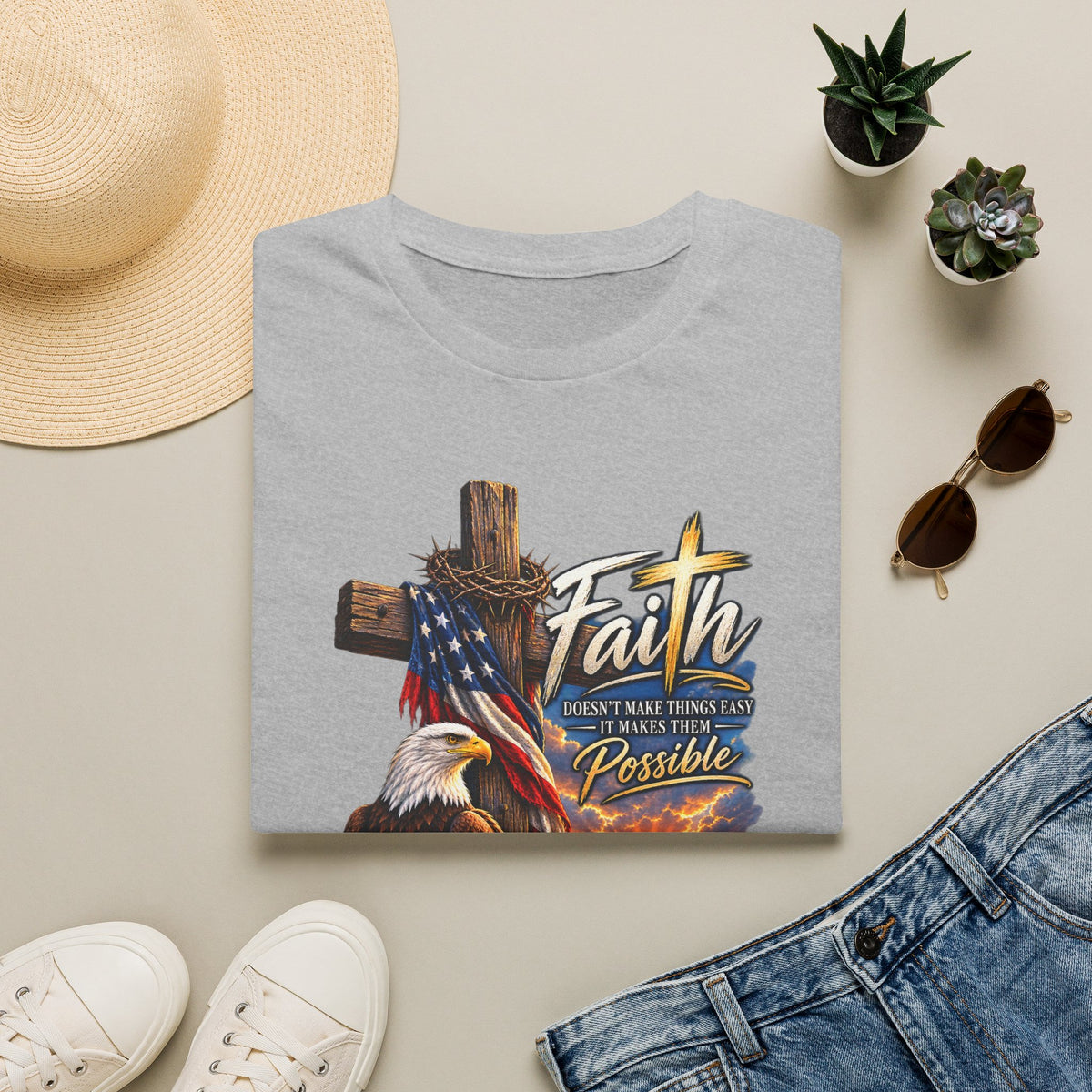 Faith Eagle T-Shirt — 'Faith Makes The Impossible Possible' Patriotic Cross Design