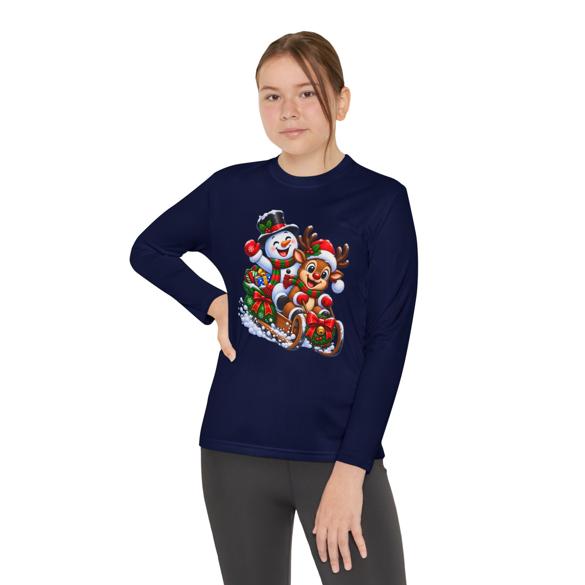Kids' Christmas Sledding Tee — Snowman & Reindeer Holiday Long Sleeve
