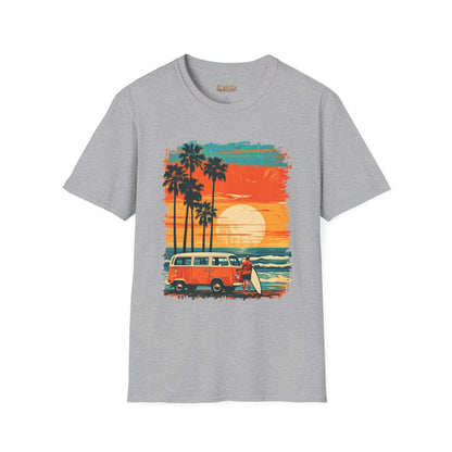 Retro Sunset Van T-Shirt – Tropical Beach Road Trip Graphic