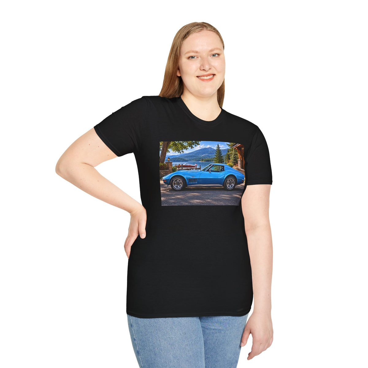 1968 Chevrolet Corvette Stingray Graphic T‑Shirt — Blue Classic Car Lakefront Print