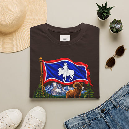 Wyoming Flag T-Shirt — Cowboy & Bison Mountain Scenic Tee
