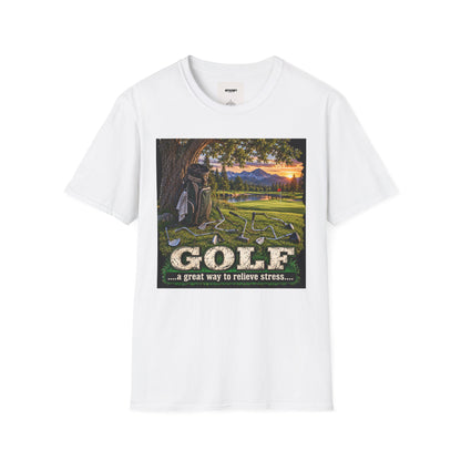 Golf Relaxation T-Shirt — "GOLF: a great way to relieve stress" Scenic Sunset Design