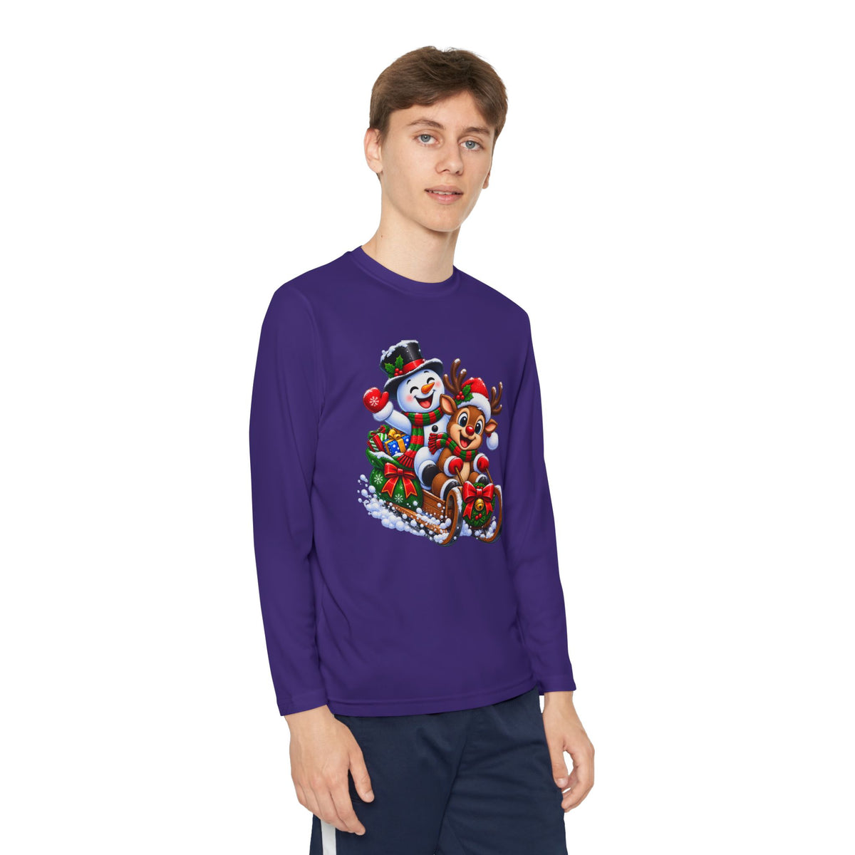 Kids' Christmas Sledding Tee — Snowman & Reindeer Holiday Long Sleeve