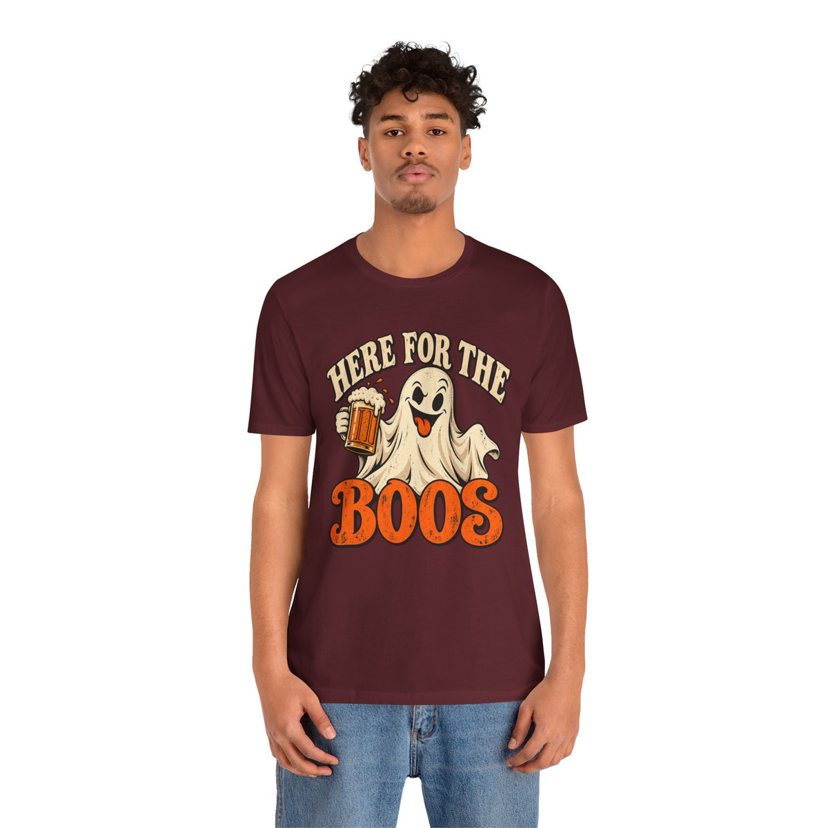 Here for the Boos Halloween T-Shirt — Ghost Drinking Beer Graphic Tee