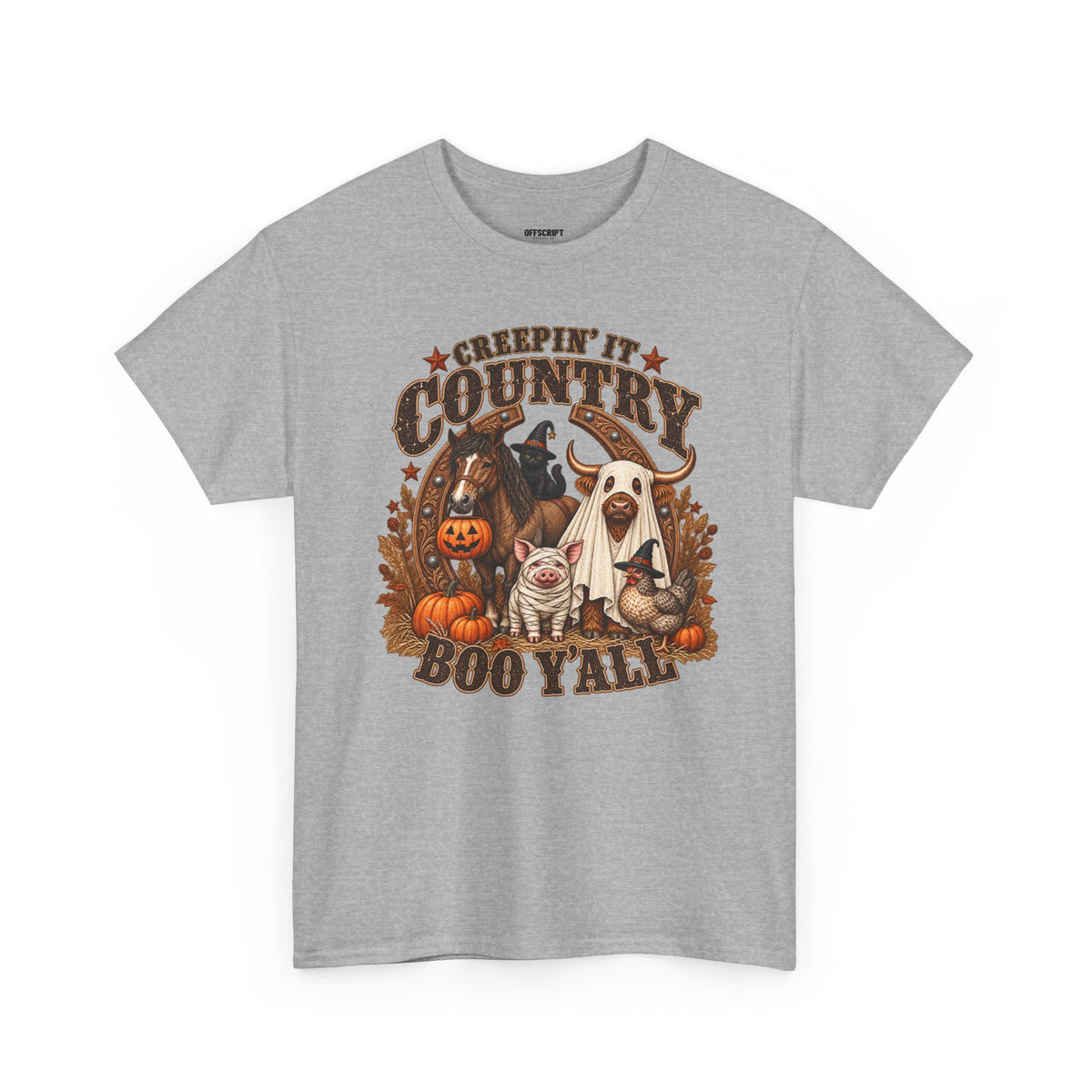 Country Halloween Tee — "Keepin' It Country Boo Y'all" Farm Animal Pumpkin T-Shirt