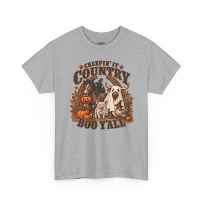 Country Halloween Tee — "Keepin' It Country Boo Y'all" Farm Animal Pumpkin T-Shirt