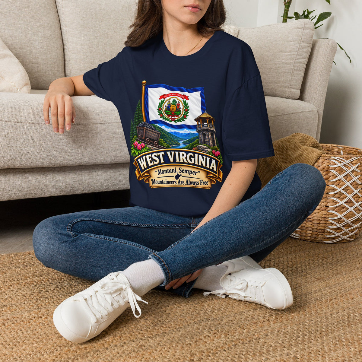 West Virginia Flag T-Shirt — State Pride Scenic Design ("Mountaineers Are Always Free")