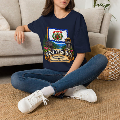 West Virginia Flag T-Shirt — State Pride Scenic Design ("Mountaineers Are Always Free")