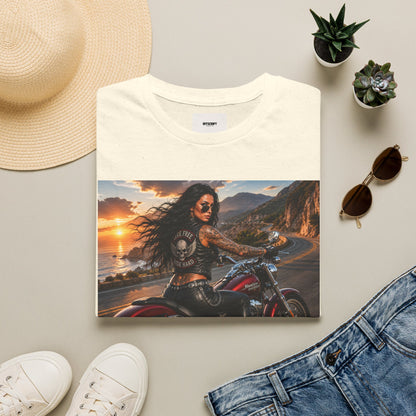 Biker Girl Sunset T-Shirt — Motorcycle Rider Graphic Tee