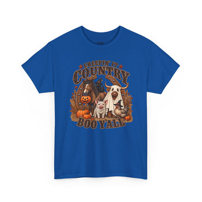 Country Halloween Tee — "Keepin' It Country Boo Y'all" Farm Animal Pumpkin T-Shirt