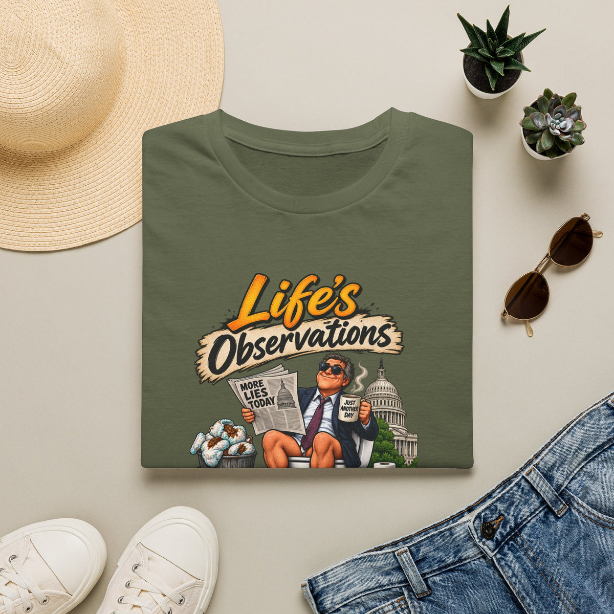 T-Shirt — "Life's Observations" Political Satire Tee ("Politicians Are Like Diapers" Design)